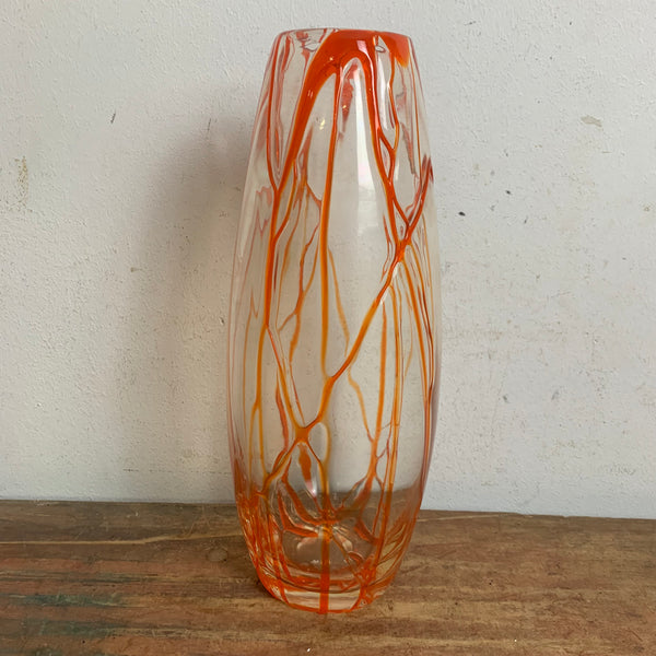 Vintage Glas Vase von Murano mit orangenem Faden