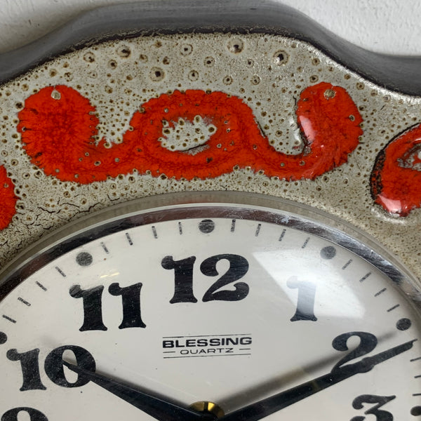 Vintage Fat Lava Keramik Wanduhr von Blessing