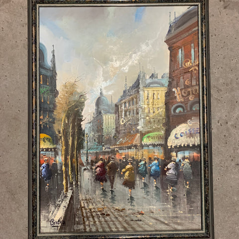 Ölgemälde Fußgängerzone im Regen von Antonio Cortiz