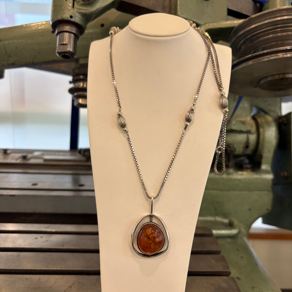 Art Deco lange Silber Kette mit Bernstein Anhänger