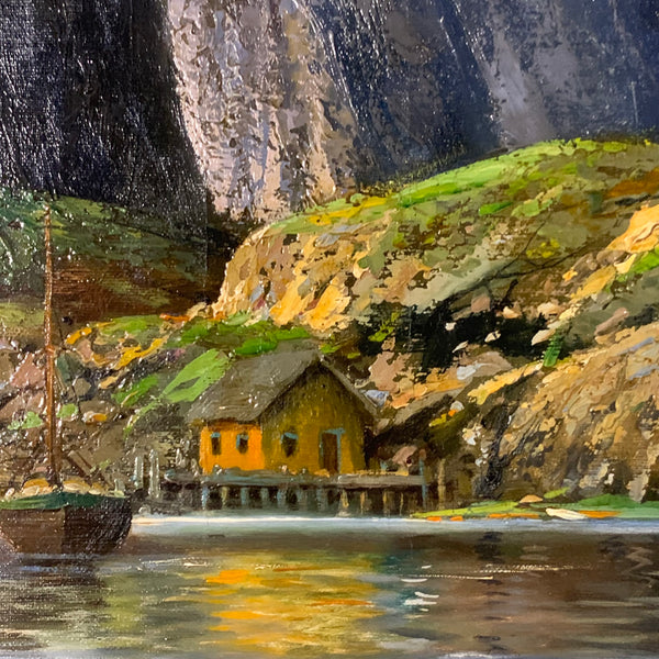 Ölgemälde Norwegisches Fischerdorf am Fjord von Johann Holmstedt