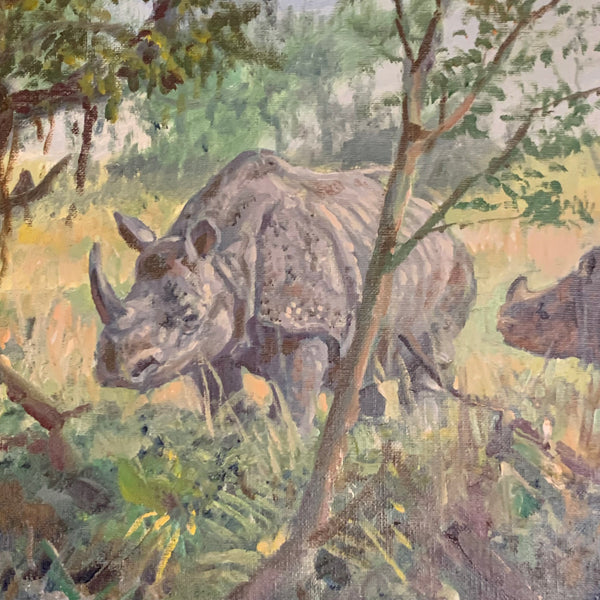 Ölgemälde Riesenwaran und Panzernashorn von Fritz Laube