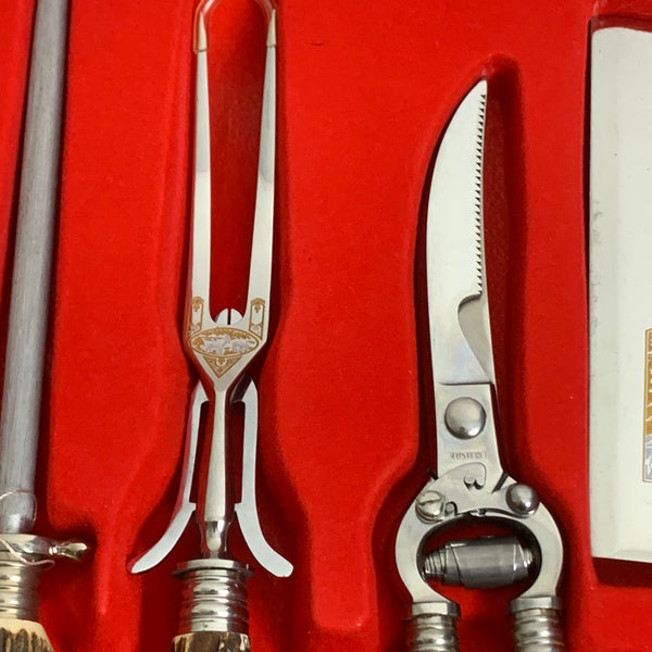 Vintage Jagd Tranchierbesteck mit Hirschhorn Griff von Dreizack