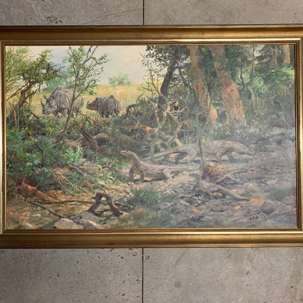 Ölgemälde Riesenwaran und Panzernashorn von Fritz Laube