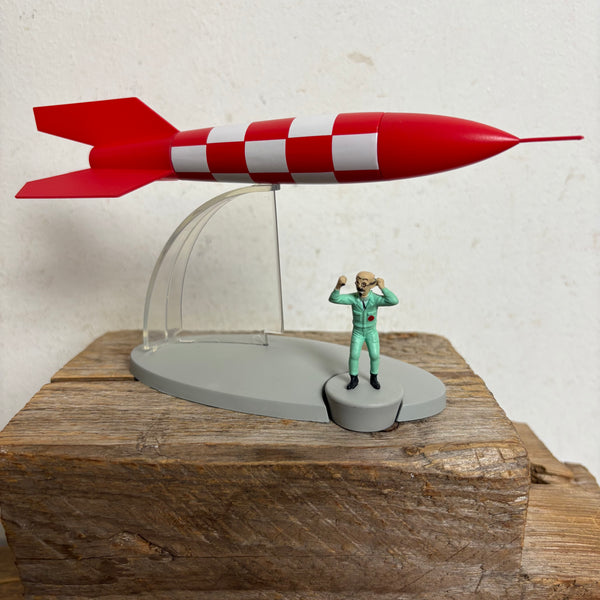 Modell Figur und Buch Tim und Struppi die Rot Weiße Rakete X-FLR6 mit Professor Bienlein aus Reiseziel Mond