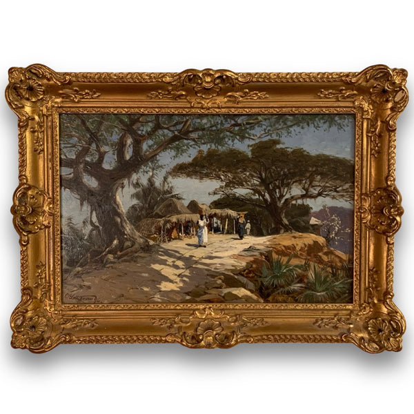 Ölgemälde Hüttendorf im afrikanischen Hochland von Carl Salzmann
