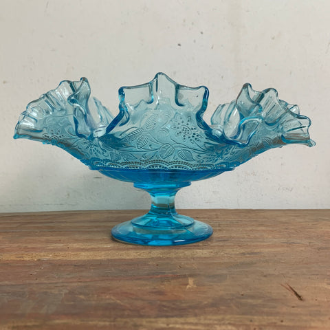 Art Deco Rüschenschale aus blauem Pressglas