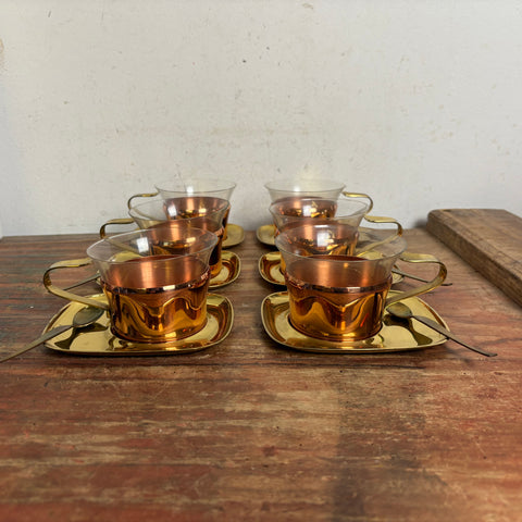 Vintage Mid Century Tee Set Messing Kupfer für 6 Personen
