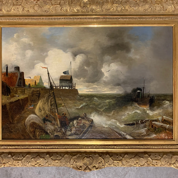 Ölgemälde Aufkommender Sturm über dem Küstenhafen von Andreas Achenbach