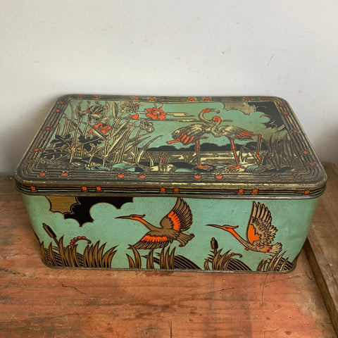 Art Deco Blechdose mit Kranichen und Flamingos