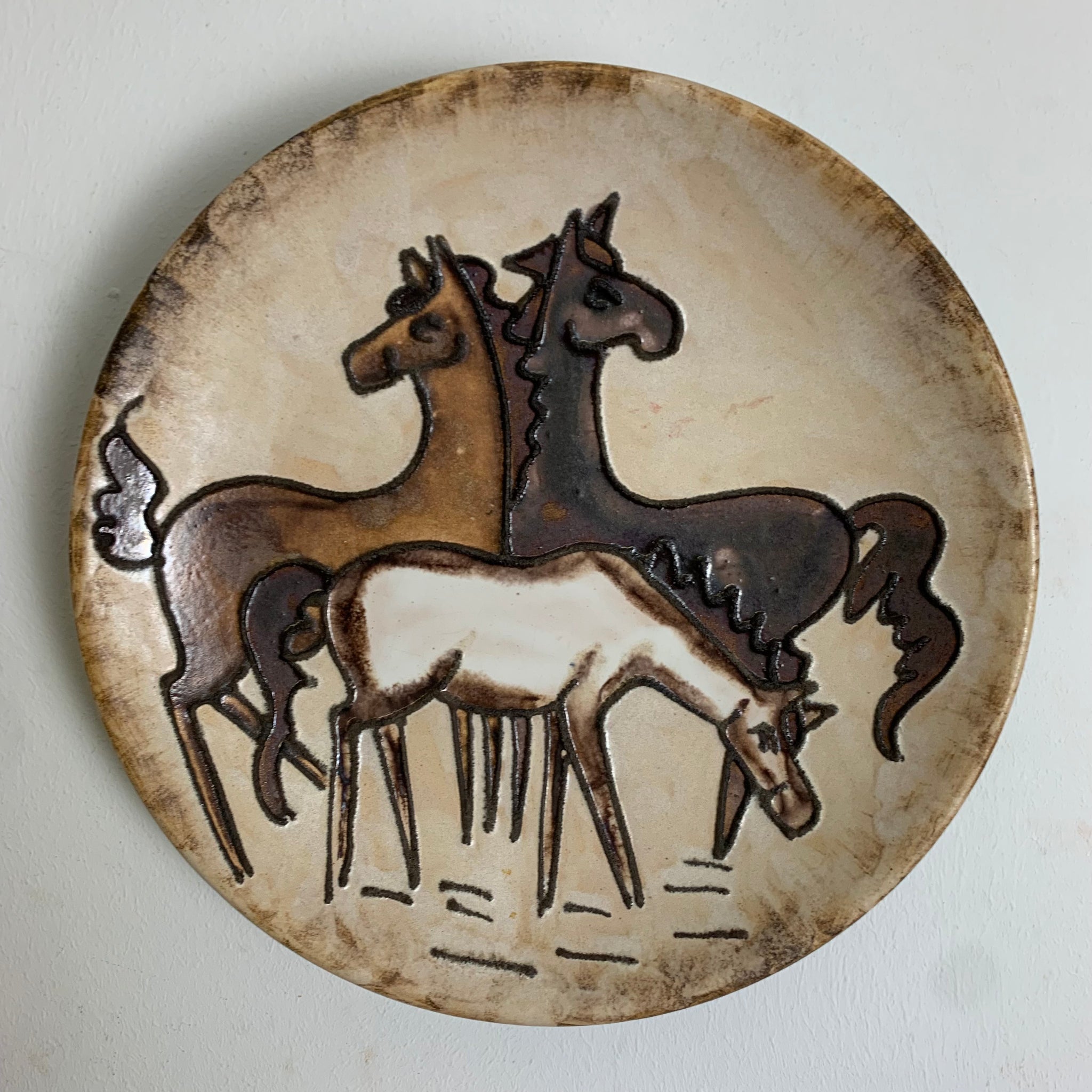Vintage Keramik Wand Teller Pferde Motiv von Ruscha