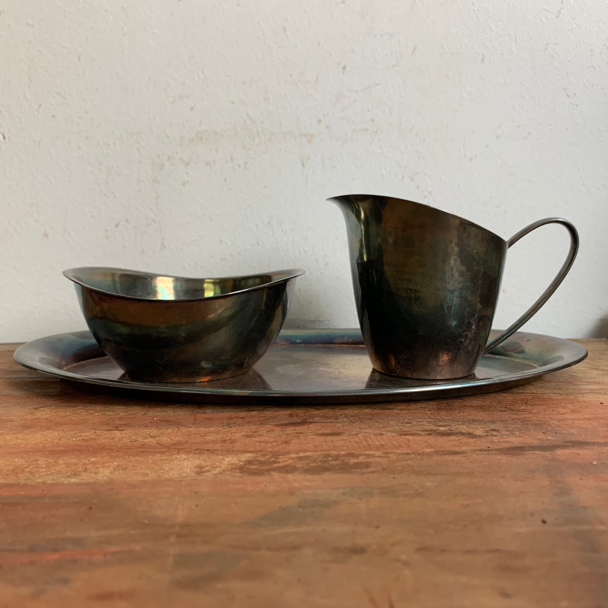 Vintage versilbertes Set Milch, Zucker, Tablett von WMF