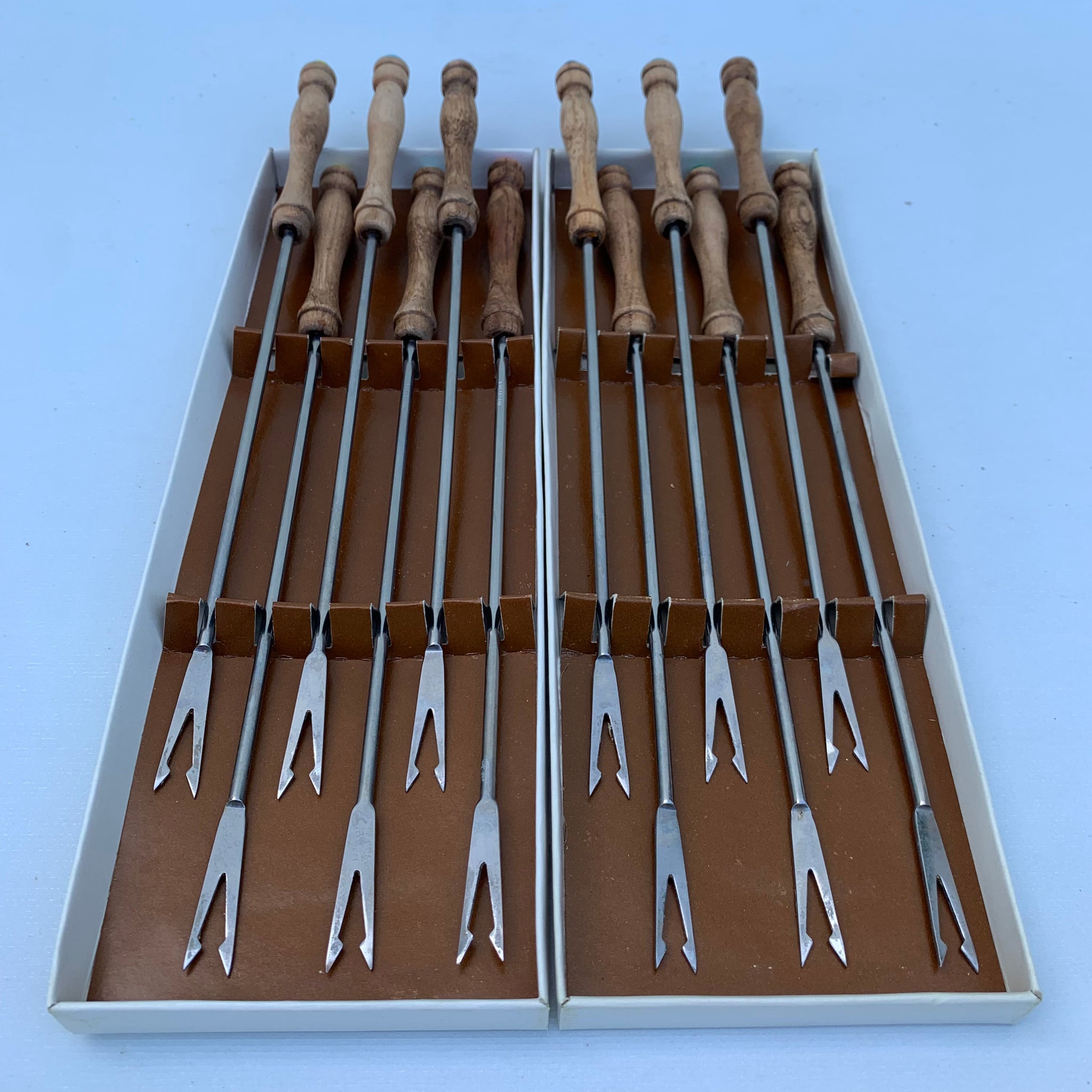 12 Fondue Forks / Gabeln mit Holzgriff 60er Jahre