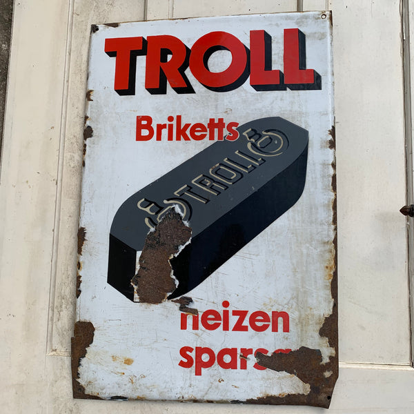 Emaille Schild Troll Briketts heizen sparen