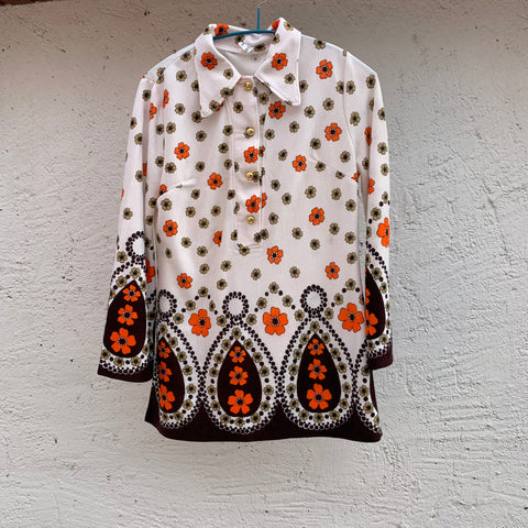 Vintage Bluse mit Trompetenärmeln orange Blumen