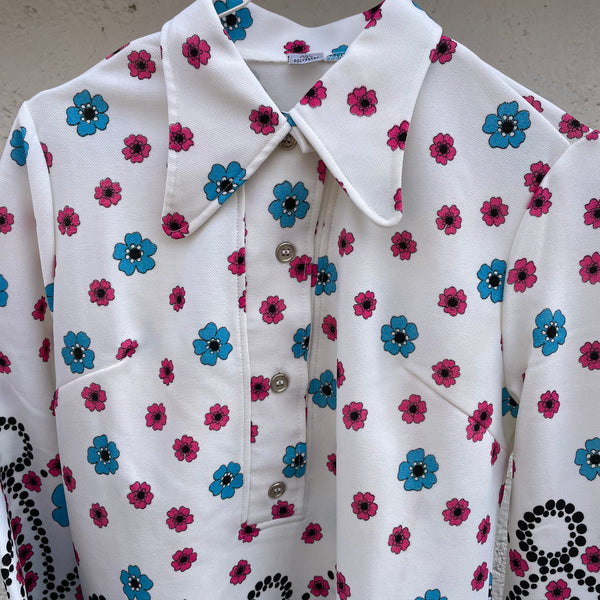 Vintage Bluse mit Trompetenärmeln türkisen Blumen