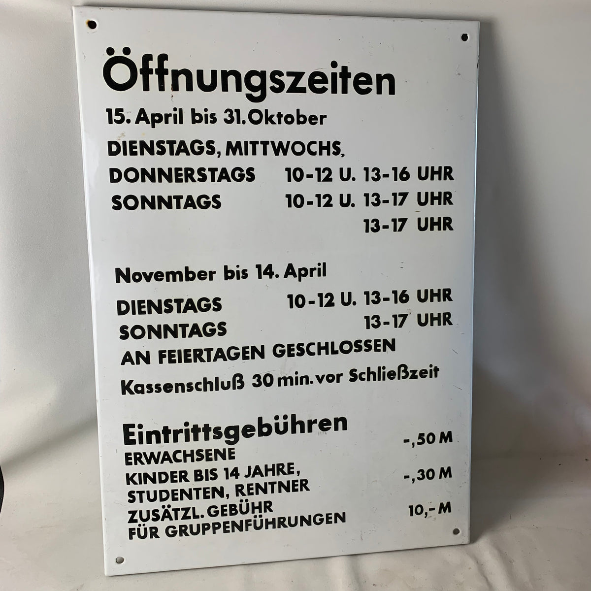 Großes Emaille Schild Öffnungszeiten und Eintrittspreise – Trödelfuchs ...