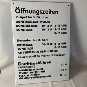 Großes Emaille Schild Öffnungszeiten und Eintrittspreise