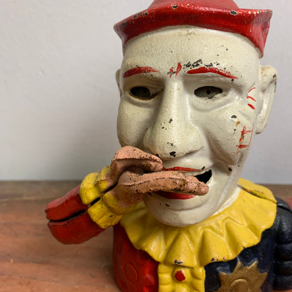 Antike mechanische Spardose aus Gusseisen Humpty Dumpty Circus Clown