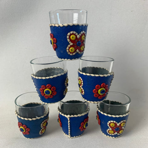 Mid Century 6er Set Schnapsglas mit Leder Hülle